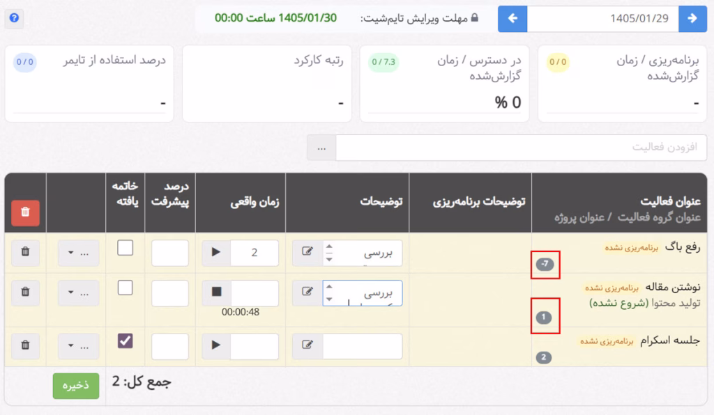 مشاهده تاخیر-مهلت در تایم شیت یا گزارش کار