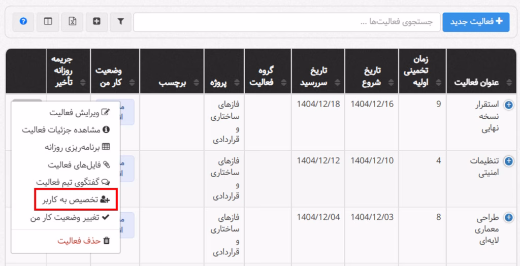 تخصیص فعالیت به دیگران در جدول فعالیتهای من
