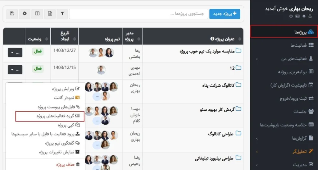 تعریف گروه فعالیت پروژه