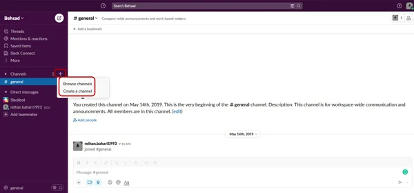 در اسلک Slack میتوانید کانال ارتباطی جدید بسازید.