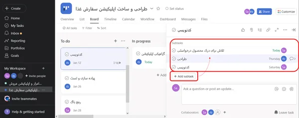فعالیتهای زیرمجموعه در آسانا ASANA