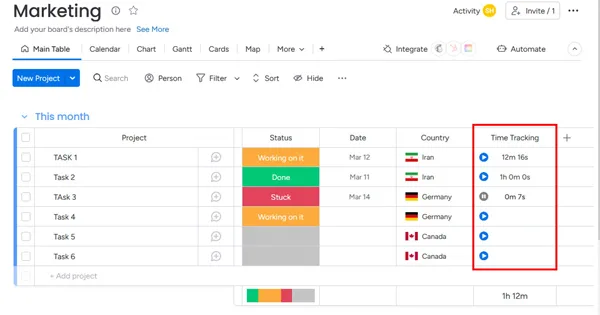 ردیابی زمان در Monday