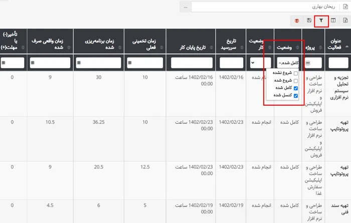 فیلتر چند انتخابی وضعیت فعالیت در بروزرسانی دوم بهتایم در خرداد ماه