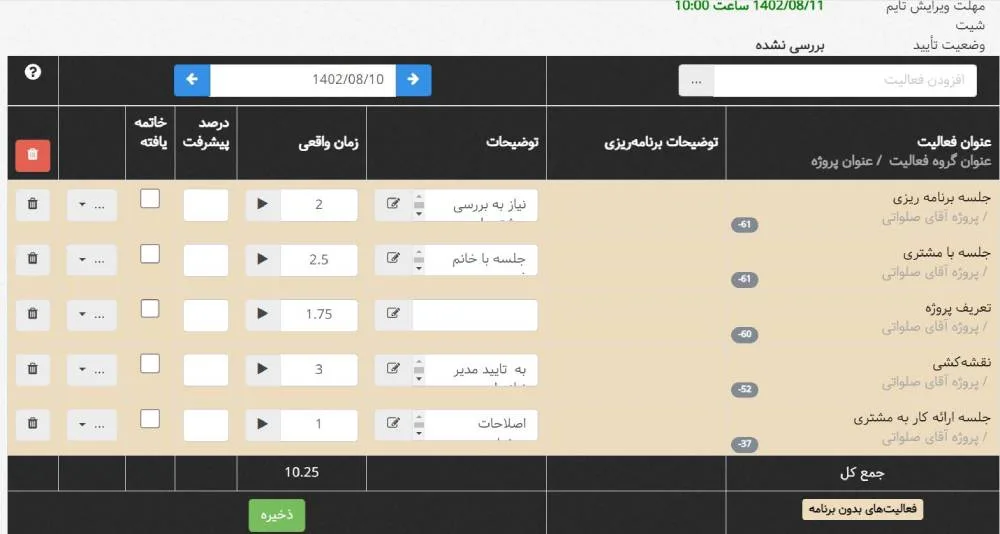 نرم افزار مدیریت پروژه برای کابینت سازان - تایم شیت