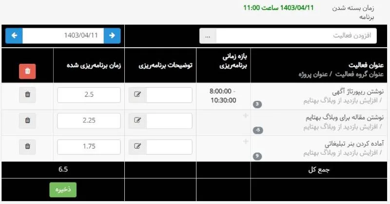 برنامه ریزی با بهتایم - برنامهریزی روزانه